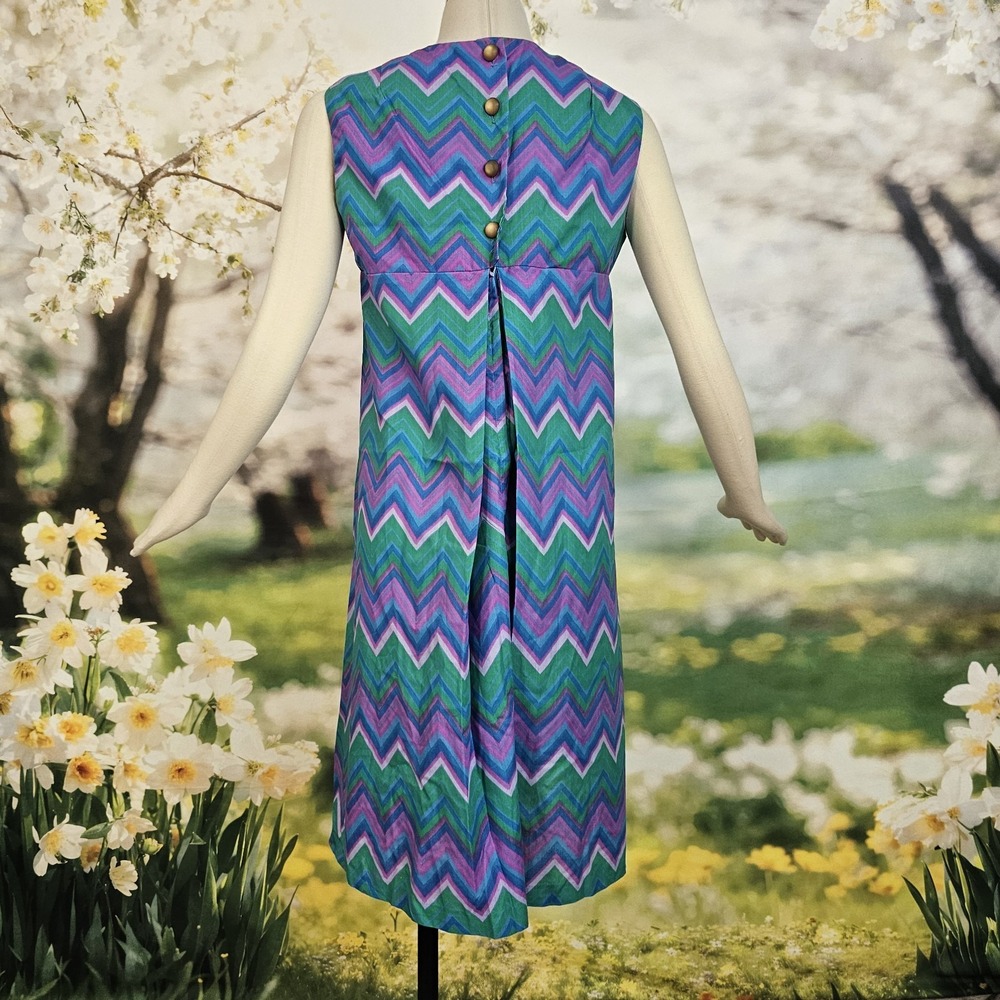 Vintage 1960's Dress Shift Mod Purple Green Zigzag Pattern Sleeveless 60s Groovy - Picture 7 of 15